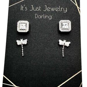 Womans Pierced Earrings Cubic Zirconia Studs Dragonfly & Princess Cut Gift Idea